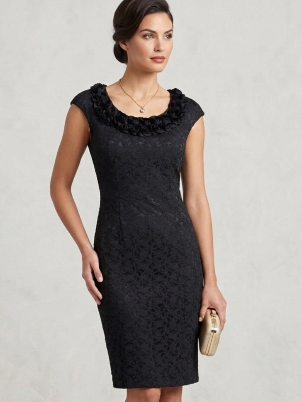 London Times Black Jacquard Sheath Dress 3-D Rosette Neckline Womens Size 10